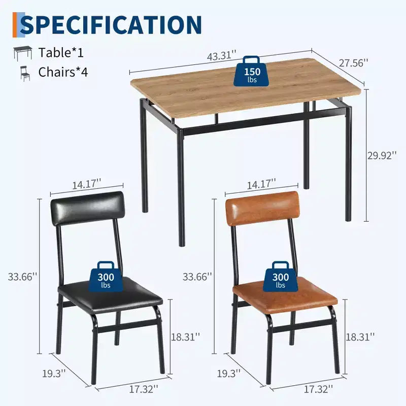 Ensemble de table à manger pour 4 personnes, 5 pièces, en bois, 4 chaises rembourrées en PU, cadre en métal, ensemble de dînette pour salle à manger, fête, appartement