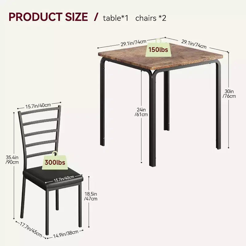 Ensemble de cuisine 3 pièces Table à manger en bois pour 2 personnes Table et chaises carrées Petit ensemble de table de ferme pour cuisine restaurant