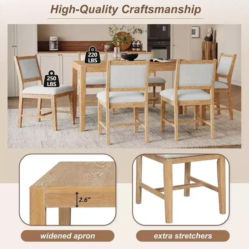 Ensemble de salle à manger rétro 7 pièces avec table rectangulaire et 6 chaises rembourrées