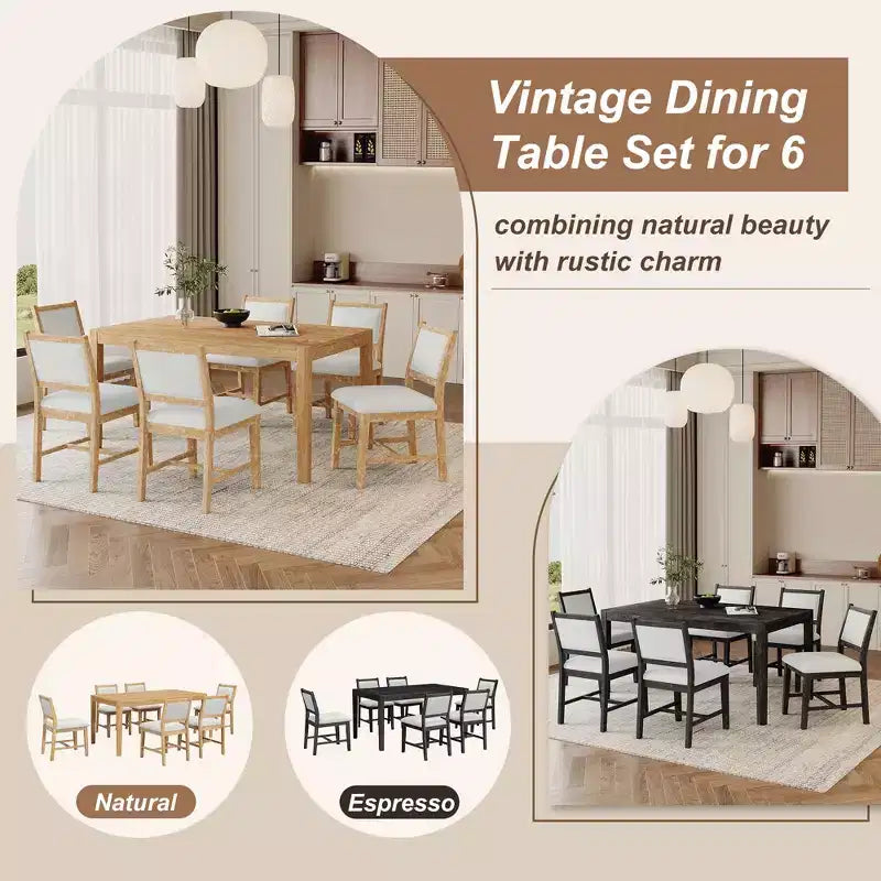 Ensemble de salle à manger rétro 7 pièces avec table rectangulaire et 6 chaises rembourrées
