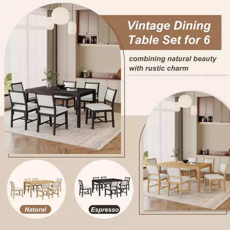 Ensemble de salle à manger rétro 7 pièces avec table rectangulaire et 6 chaises rembourrées