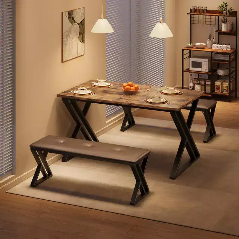 Ensemble table de salle à manger avec 2 bancs, ensemble table à manger pour 4 à 6 personnes, table de petit-déjeuner avec bancs rembourrés en cuir PU pour petits espaces, appartement