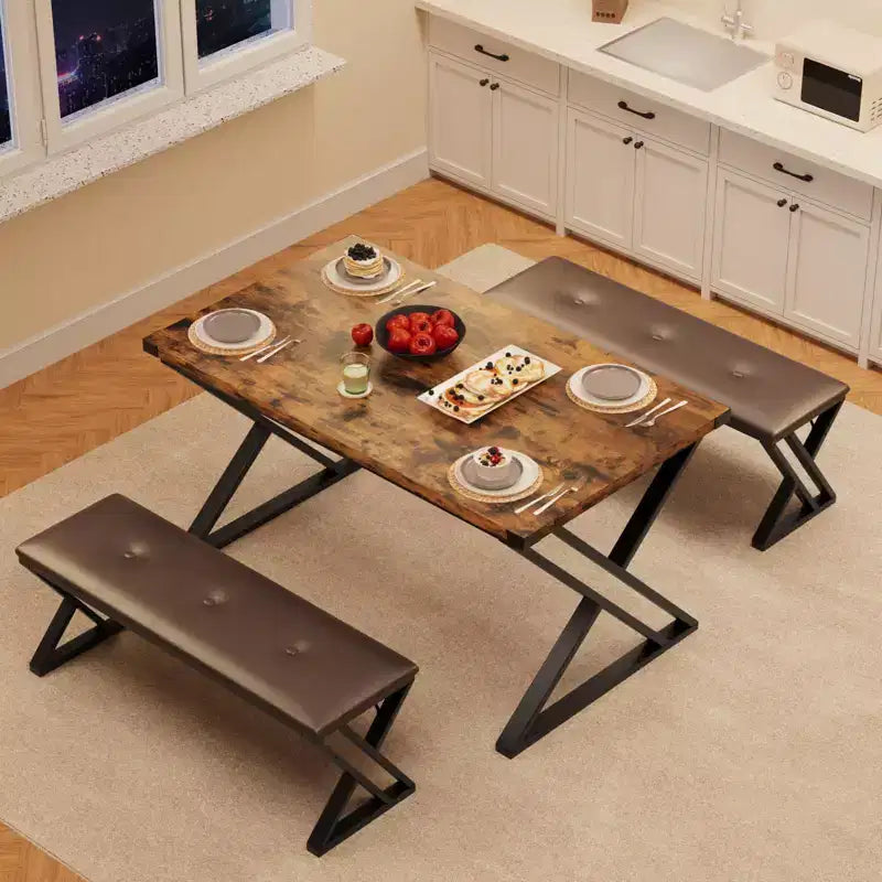 Ensemble table de salle à manger avec 2 bancs, ensemble table à manger pour 4 à 6 personnes, table de petit-déjeuner avec bancs rembourrés en cuir PU pour petits espaces, appartement