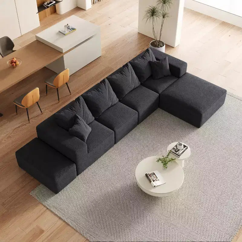 Canapé d'angle modulaire en L de 335 cm avec revêtement en chenille, ensemble de 6 pièces avec coussins profonds et oreillers décoratifs pour salon et chambre à coucher
