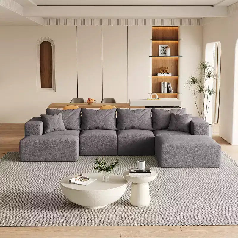 Canapé d'angle modulaire en L de 335 cm avec revêtement en chenille, ensemble de 6 pièces avec coussins profonds et oreillers décoratifs pour salon et chambre à coucher