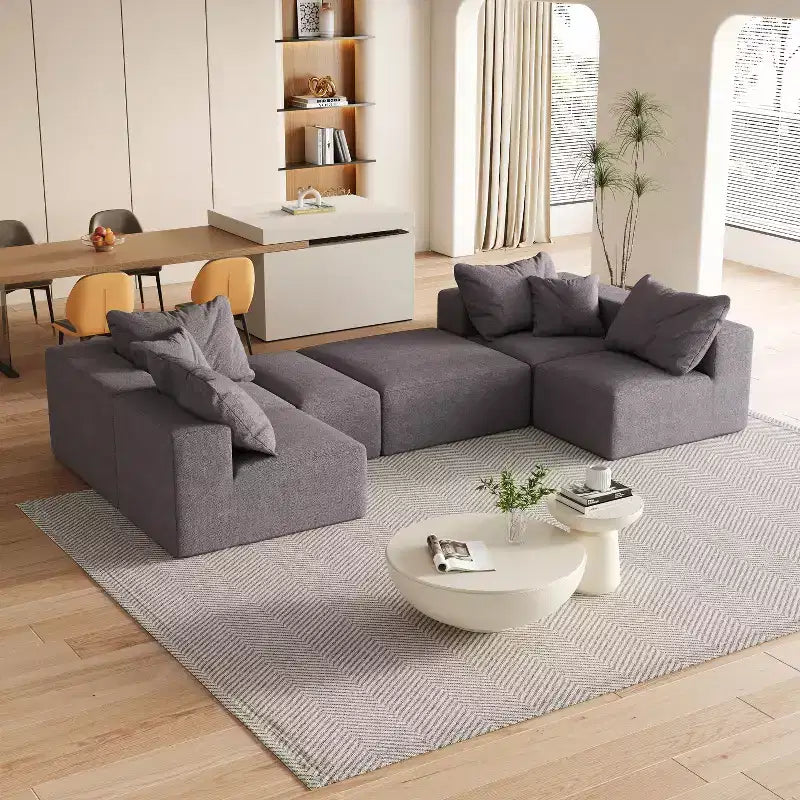Canapé d'angle modulaire en L de 335 cm avec revêtement en chenille, ensemble de 6 pièces avec coussins profonds et oreillers décoratifs pour salon et chambre à coucher