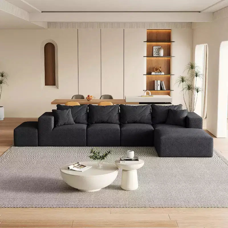 Canapé d'angle modulaire en L de 335 cm avec revêtement en chenille, ensemble de 6 pièces avec coussins profonds et oreillers décoratifs pour salon et chambre à coucher