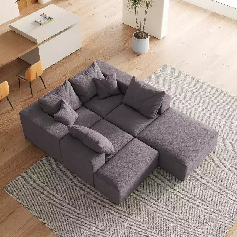 Canapé d'angle modulaire en L de 335 cm avec revêtement en chenille, ensemble de 6 pièces avec coussins profonds et oreillers décoratifs pour salon et chambre à coucher