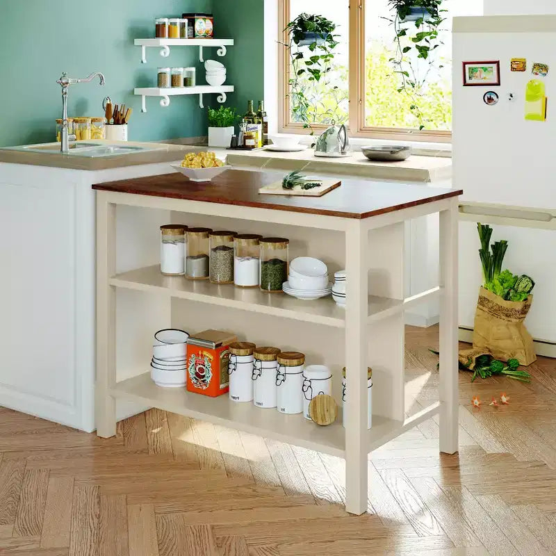 Ensemble d'îlot de cuisine Whisen 45 en bois massif avec 2 sièges et 2 étagères - Noyer Blanc Crème
