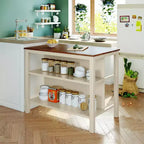 Ensemble d'îlot de cuisine Whisen 45 en bois massif avec 2 sièges et 2 étagères - Noyer Blanc Crème