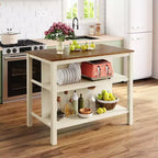 Ensemble d'îlot de cuisine Whisen 45 en bois massif avec 2 sièges et 2 étagères - Noyer Blanc Crème