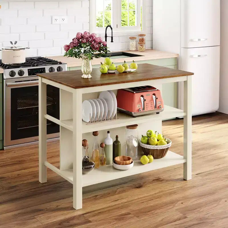 Ensemble d'îlot de cuisine Whisen 45 en bois massif avec 2 sièges et 2 étagères - Noyer Blanc Crème