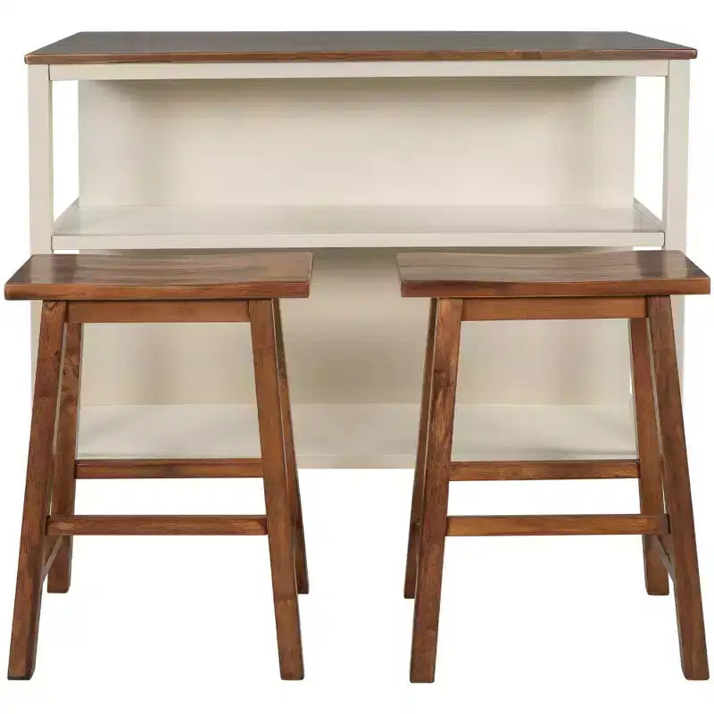 Ensemble d'îlot de cuisine Whisen 45 en bois massif avec 2 sièges et 2 étagères - Noyer Blanc Crème