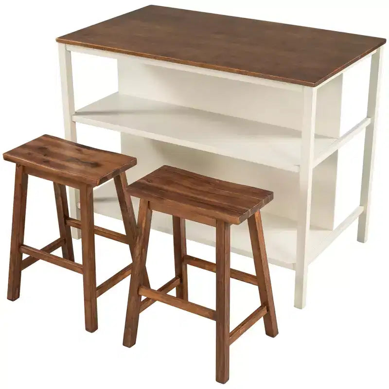 Ensemble d'îlot de cuisine Whisen 45 en bois massif avec 2 sièges et 2 étagères - Noyer Blanc Crème
