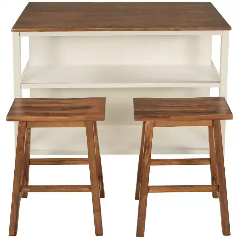 Ensemble d'îlot de cuisine Whisen 45 en bois massif avec 2 sièges et 2 étagères - Noyer Blanc Crème