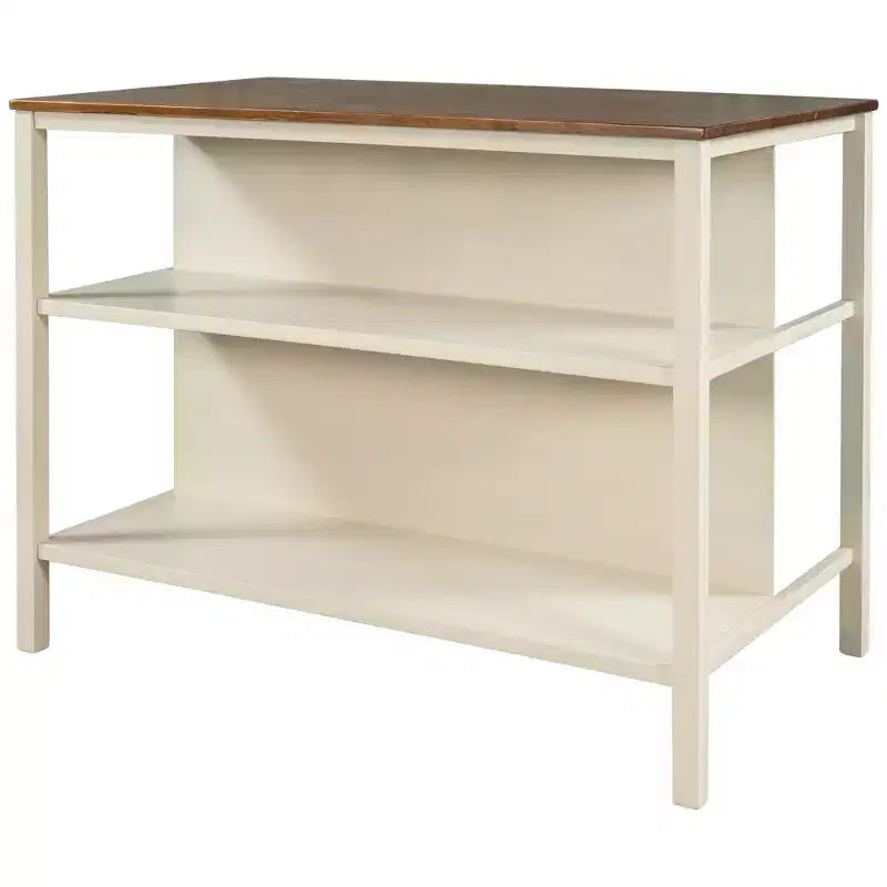Ensemble d'îlot de cuisine Whisen 45 en bois massif avec 2 sièges et 2 étagères - Noyer Blanc Crème