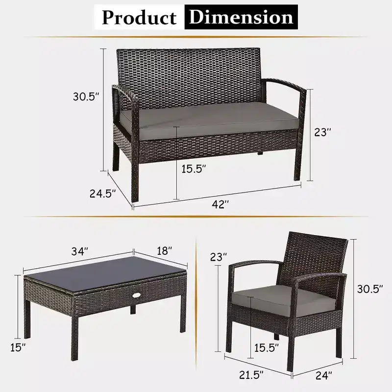 Costway Ensemble de Meubles de Jardin en Rotin et Osier 4 Pièces, Canapé Causeuse Rembourré Jardin Terrasse Marron/Gris