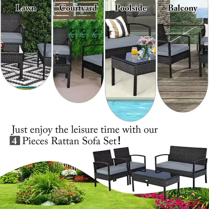 Costway Ensemble de Meubles de Jardin en Rotin et Osier 4 Pièces, Canapé Causeuse Rembourré Jardin Terrasse Marron/Gris
