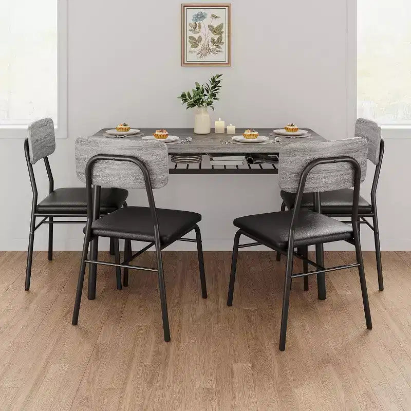 Ensemble Table à Manger Acekool pour 4 avec Étagère de Rangement, Table de Cuisine 5 Pièces et Chaises Rembourrées, Plateau en Bois et Cadre en Métal, pour Petits Espaces, Couleur Rétro