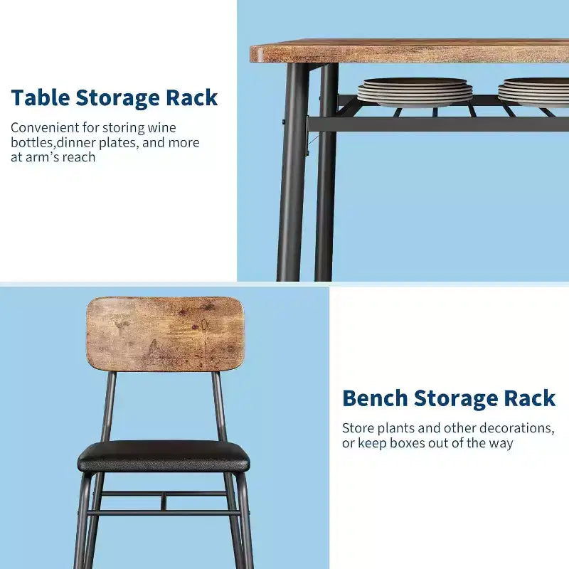 Ensemble Table à Manger Acekool pour 4 avec Étagère de Rangement, Table de Cuisine 5 Pièces et Chaises Rembourrées, Plateau en Bois et Cadre en Métal, pour Petits Espaces, Couleur Rétro