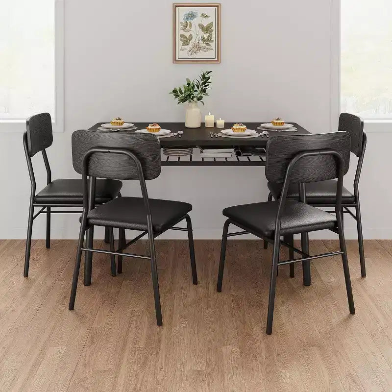 Ensemble Table à Manger Acekool pour 4 avec Étagère de Rangement, Table de Cuisine 5 Pièces et Chaises Rembourrées, Plateau en Bois et Cadre en Métal, pour Petits Espaces, Couleur Rétro
