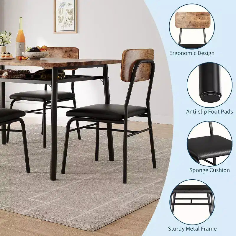 Ensemble Table à Manger Acekool pour 4 avec Étagère de Rangement, Table de Cuisine 5 Pièces et Chaises Rembourrées, Plateau en Bois et Cadre en Métal, pour Petits Espaces, Couleur Rétro