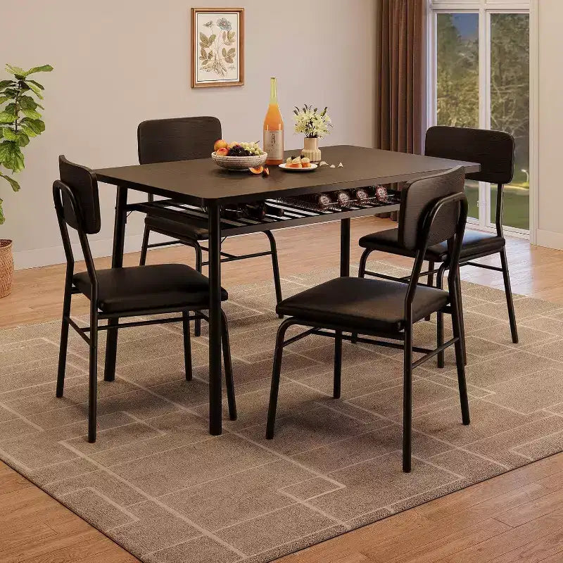 Ensemble Table à Manger Acekool pour 4 avec Étagère de Rangement, Table de Cuisine 5 Pièces et Chaises Rembourrées, Plateau en Bois et Cadre en Métal, pour Petits Espaces, Couleur Rétro