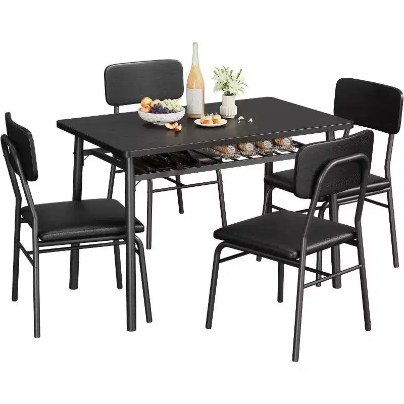 Ensemble Table à Manger Acekool pour 4 avec Étagère de Rangement, Table de Cuisine 5 Pièces et Chaises Rembourrées, Plateau en Bois et Cadre en Métal, pour Petits Espaces, Couleur Rétro