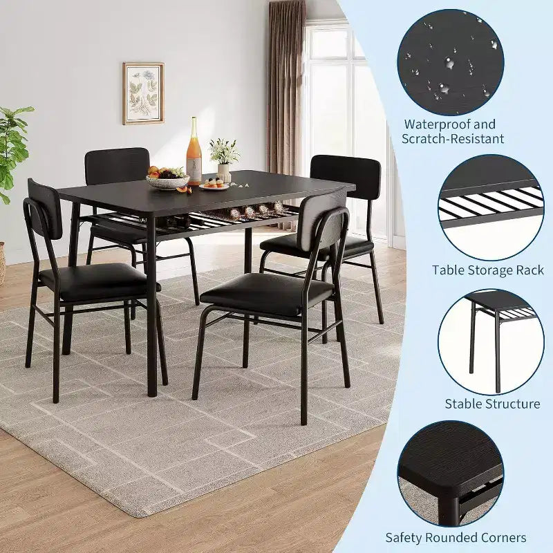 Ensemble Table à Manger Acekool pour 4 avec Étagère de Rangement, Table de Cuisine 5 Pièces et Chaises Rembourrées, Plateau en Bois et Cadre en Métal, pour Petits Espaces, Couleur Rétro