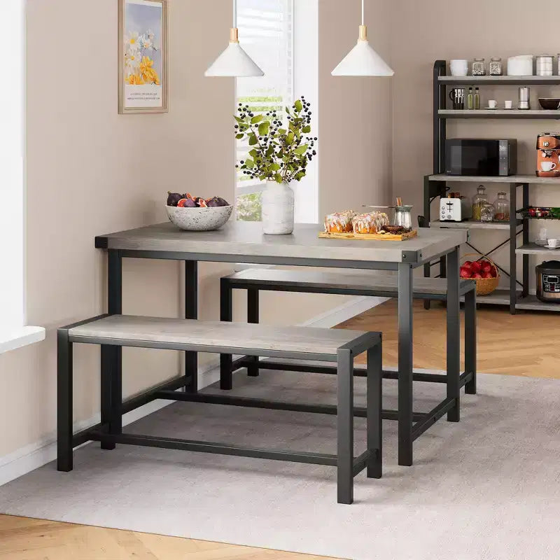 Ensemble table à manger pour 4 avec 2 bancs, ensemble de table de cuisine avec cadre en métal et panneau MDF, dinette peu encombrante pour cuisine, salle à manger