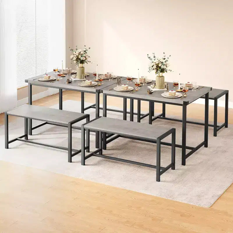 Ensemble table à manger pour 4 avec 2 bancs, ensemble de table de cuisine avec cadre en métal et panneau MDF, dinette peu encombrante pour cuisine, salle à manger