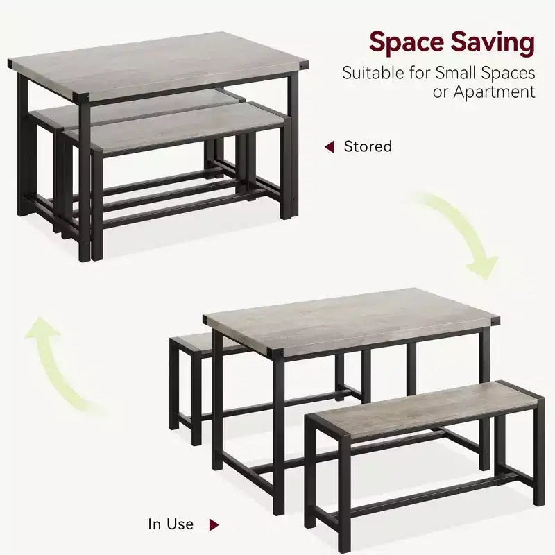 Ensemble table à manger pour 4 avec 2 bancs, ensemble de table de cuisine avec cadre en métal et panneau MDF, dinette peu encombrante pour cuisine, salle à manger