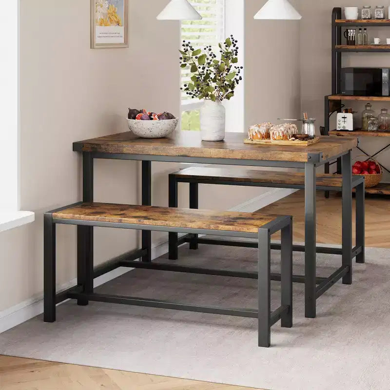 Ensemble table à manger pour 4 avec 2 bancs, ensemble de table de cuisine avec cadre en métal et panneau MDF, dinette peu encombrante pour cuisine, salle à manger