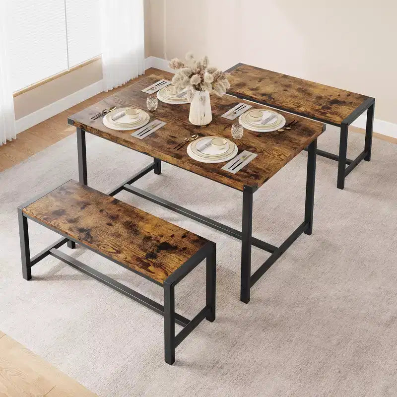 Ensemble table à manger pour 4 avec 2 bancs, ensemble de table de cuisine avec cadre en métal et panneau MDF, dinette peu encombrante pour cuisine, salle à manger