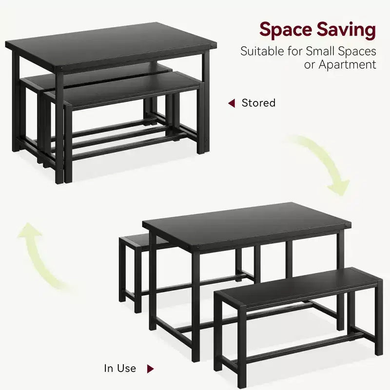 Ensemble table à manger pour 4 avec 2 bancs, ensemble de table de cuisine avec cadre en métal et panneau MDF, dinette peu encombrante pour cuisine, salle à manger