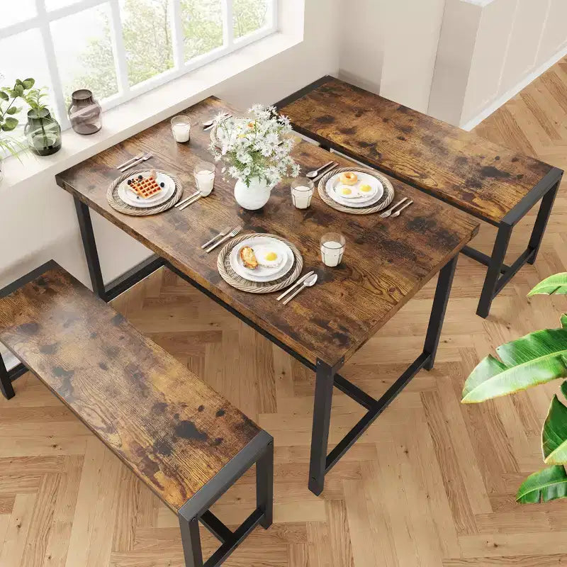 Ensemble table à manger pour 4 avec 2 bancs, ensemble de table de cuisine avec cadre en métal et panneau MDF, dinette peu encombrante pour cuisine, salle à manger