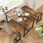 Ensemble table à manger pour 4 avec 2 bancs, ensemble de table de cuisine avec cadre en métal et panneau MDF, dinette peu encombrante pour cuisine, salle à manger