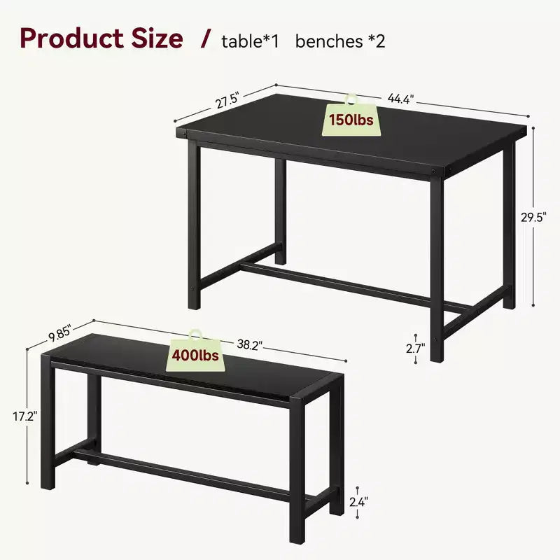 Ensemble table à manger pour 4 avec 2 bancs, ensemble de table de cuisine avec cadre en métal et panneau MDF, dinette peu encombrante pour cuisine, salle à manger