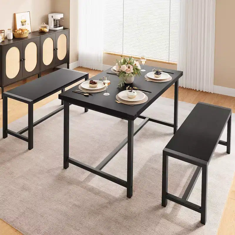 Ensemble table à manger pour 4 avec 2 bancs, ensemble de table de cuisine avec cadre en métal et panneau MDF, dinette peu encombrante pour cuisine, salle à manger
