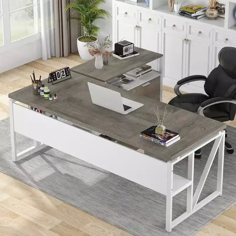 Bureau d'angle Lantine avec tiroir, grand bureau d'ordinateur de direction de 160 cm et classeur latéral, meuble de bureau à domicile 2 pièces