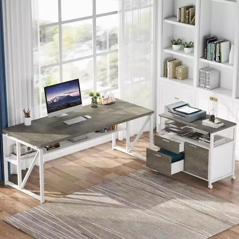 Bureau d'angle Lantine avec tiroir, grand bureau d'ordinateur de direction de 160 cm et classeur latéral, meuble de bureau à domicile 2 pièces