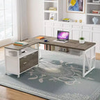 Bureau d'angle Lantine avec tiroir, grand bureau d'ordinateur de direction de 160 cm et classeur latéral, meuble de bureau à domicile 2 pièces