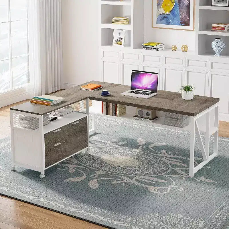 Bureau d'angle Lantine avec tiroir, grand bureau d'ordinateur de direction de 160 cm et classeur latéral, meuble de bureau à domicile 2 pièces