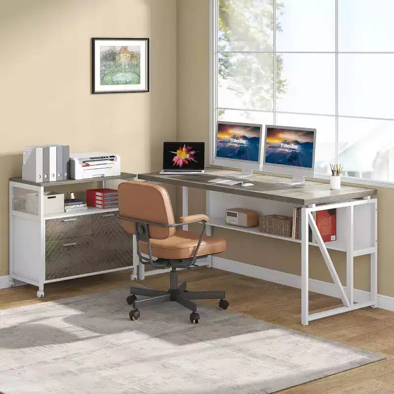 Bureau d'angle Lantine avec tiroir, grand bureau d'ordinateur de direction de 160 cm et classeur latéral, meuble de bureau à domicile 2 pièces