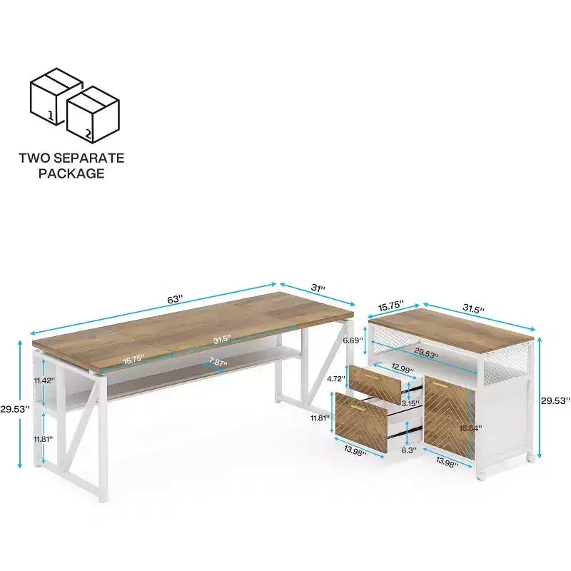 Bureau d'angle Lantine avec tiroir, grand bureau d'ordinateur de direction de 160 cm et classeur latéral, meuble de bureau à domicile 2 pièces