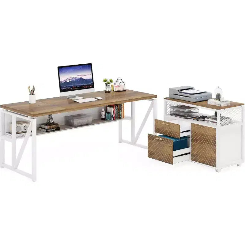 Bureau d'angle Lantine avec tiroir, grand bureau d'ordinateur de direction de 160 cm et classeur latéral, meuble de bureau à domicile 2 pièces