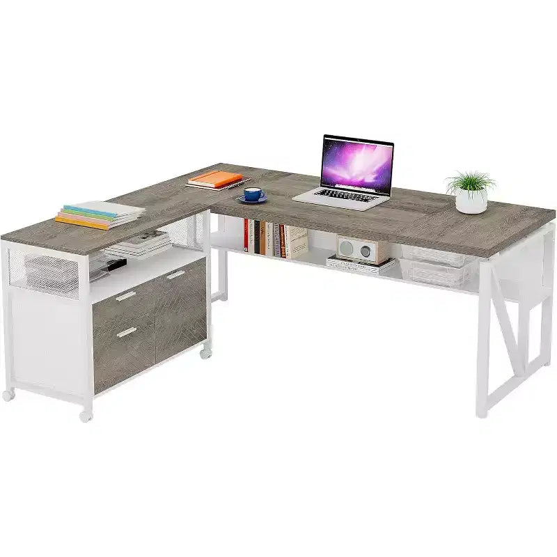 Bureau d'angle Lantine avec tiroir, grand bureau d'ordinateur de direction de 160 cm et classeur latéral, meuble de bureau à domicile 2 pièces