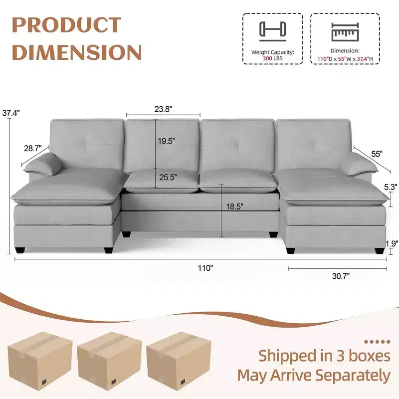 Canapé d'angle rembourré 3 pièces Celebalcony avec méridienne. Canapé en U 110, canapé modulaire 4 places, grand canapé avec pouf pour salon