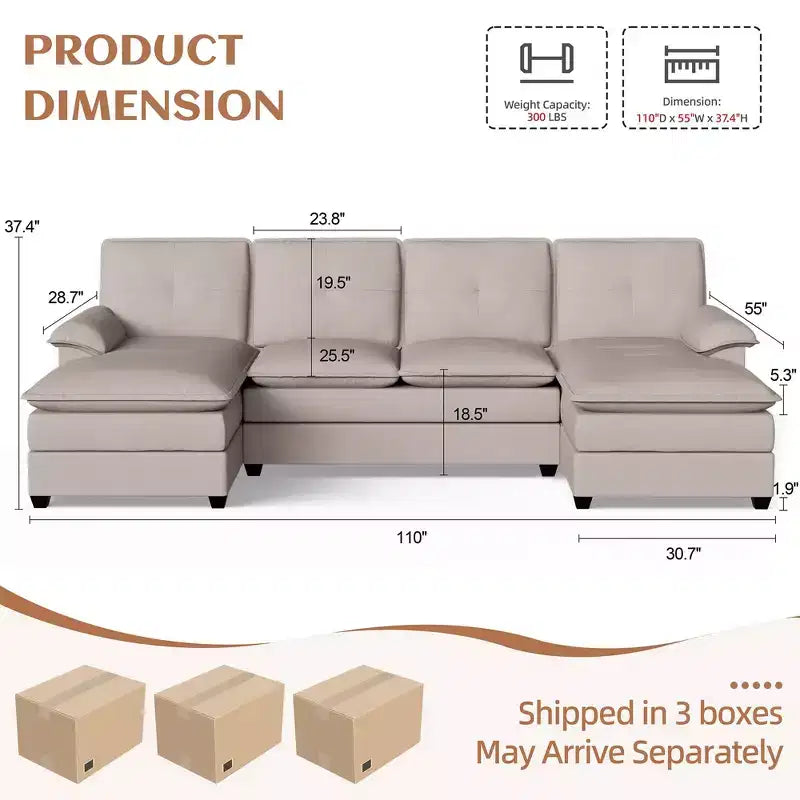 Canapé d'angle rembourré 3 pièces Celebalcony avec méridienne. Canapé en U 110, canapé modulaire 4 places, grand canapé avec pouf pour salon
