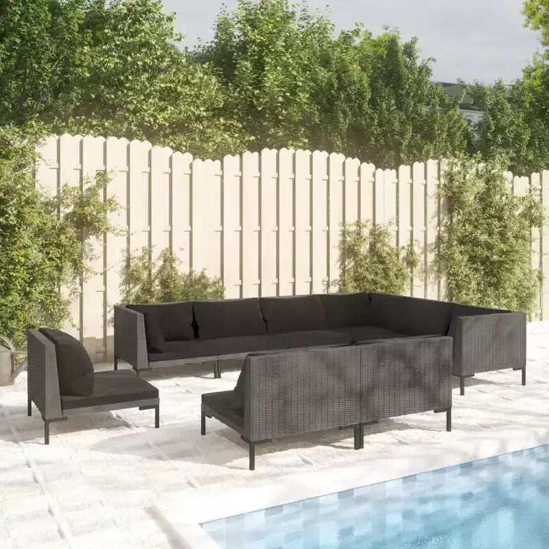 vidaXL Salon de jardin - 9 pièces - Canapé d'angle d'extérieur - Rotin synthétique gris foncé - Résistant aux intempéries - Sièges rembourrés et coussins